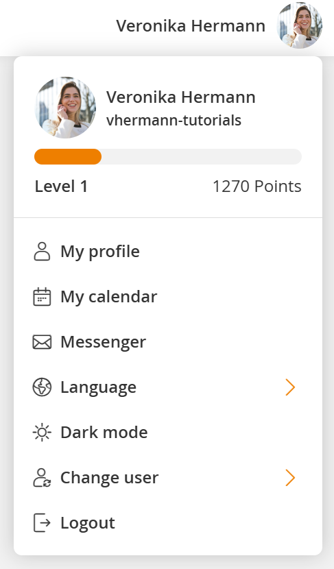 Menu with preferences in the user area
