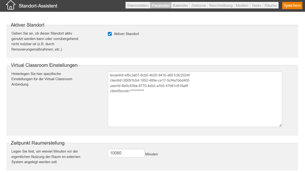 Parameter Einstellung im Standort-Assistent für die Microsoft Teams Schnittstelle