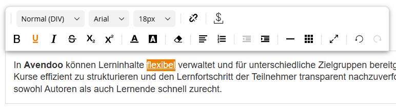 Texteditor zur Bearbeitung von Texten an verschiedenen Stellen in Avendoo