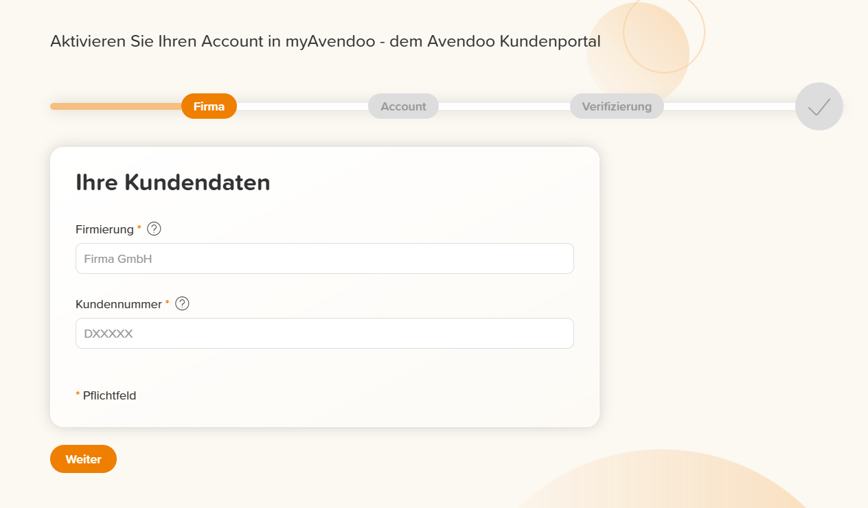 Aktivierungsprozess für die Erstellung eines myAvendoo-Accounts.