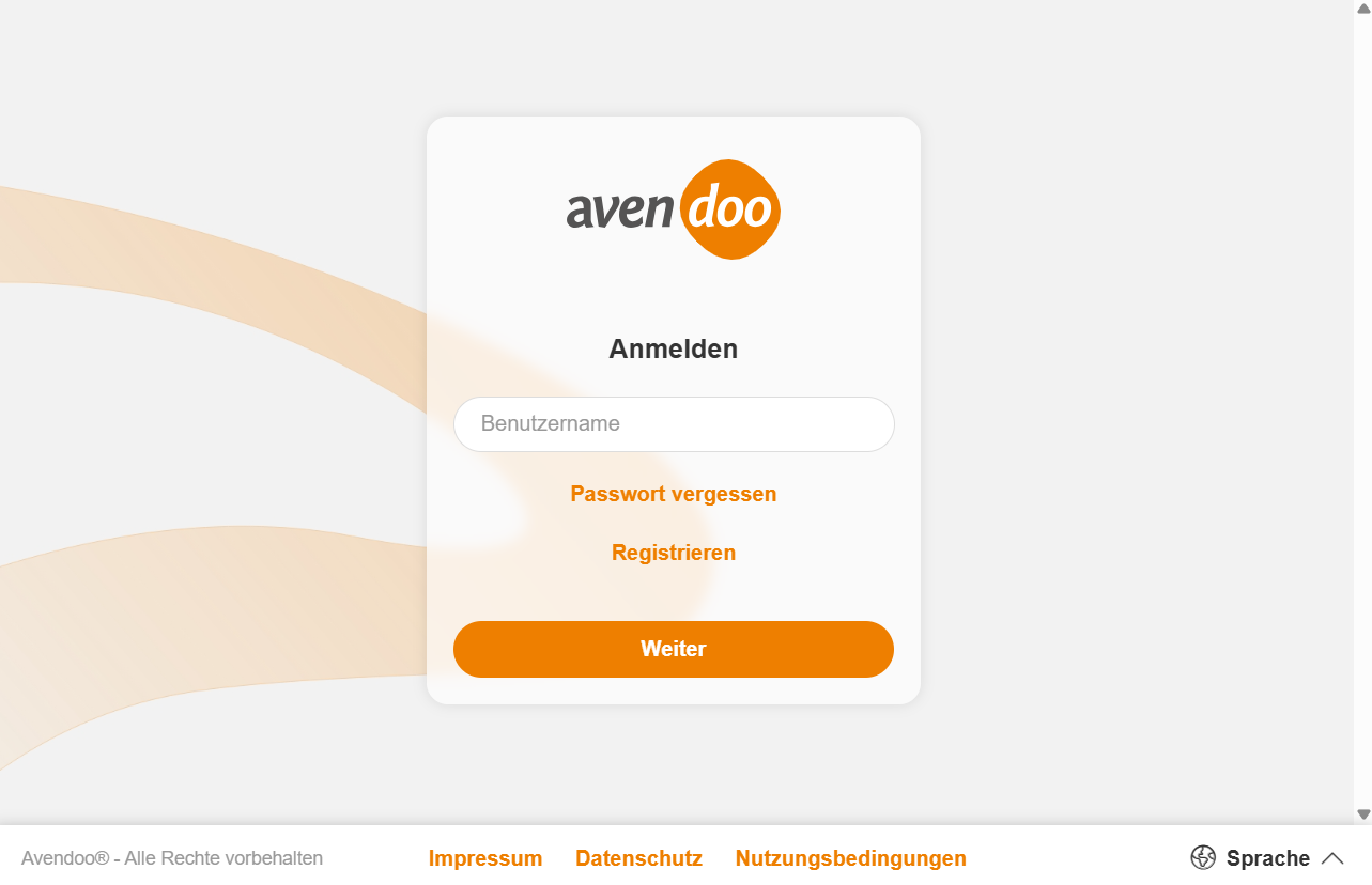 Login-Seite in Avendoo zur Anmeldung