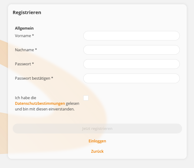 Registrierungsformular mit den Mindestangaben