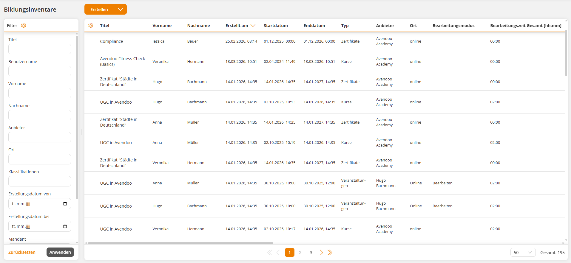 Bildungsinventare in der Listenansicht.
