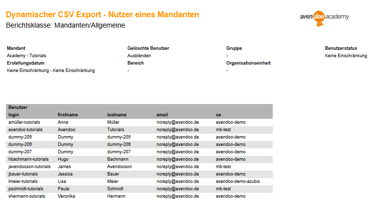 Dynamischer CSV Export - Nutzer eines Mandanten