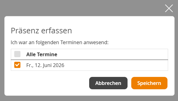 Dialogfenster zur Erfassung der Anwesenheit für einen oder mehrere Termine.