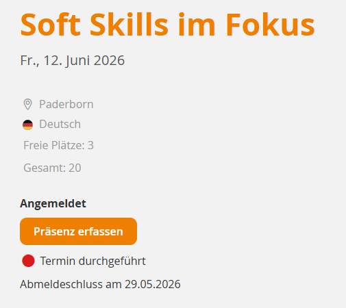 Präsenz-Selbsterfassung durch den Teilnehmer eines Veranstaltungstermins.