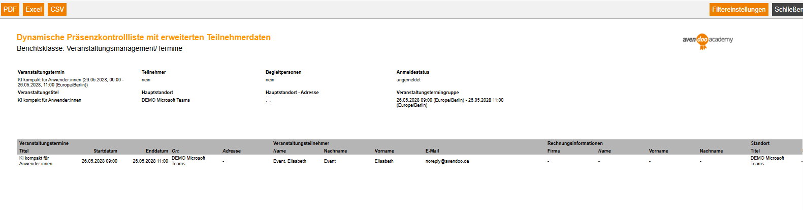 Dynamische Präsenzkontrollliste mit erweiterten Teilnehmerdaten