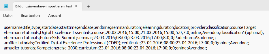 Display of a CSV file for importing training inventory posts in the text editor