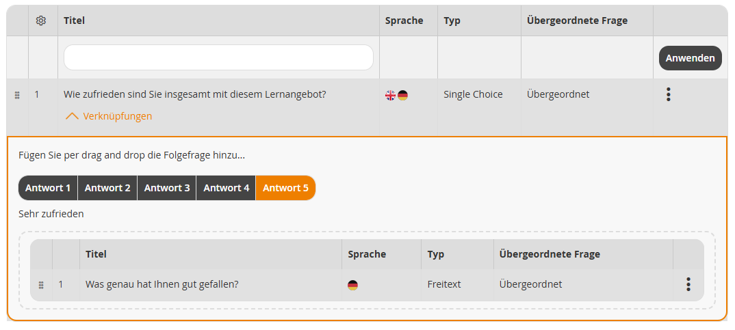 In Feedbacks können Antworten einer Ja/Nein oder Single-Choice Feedbackfrage mit eine Folgefrage verknüpft werden